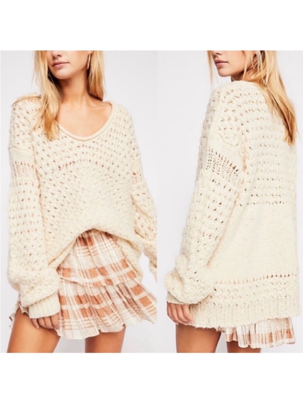 EUC Free People Crashing Waves Wool Blend Scoop Neck sweater Ivory Medium